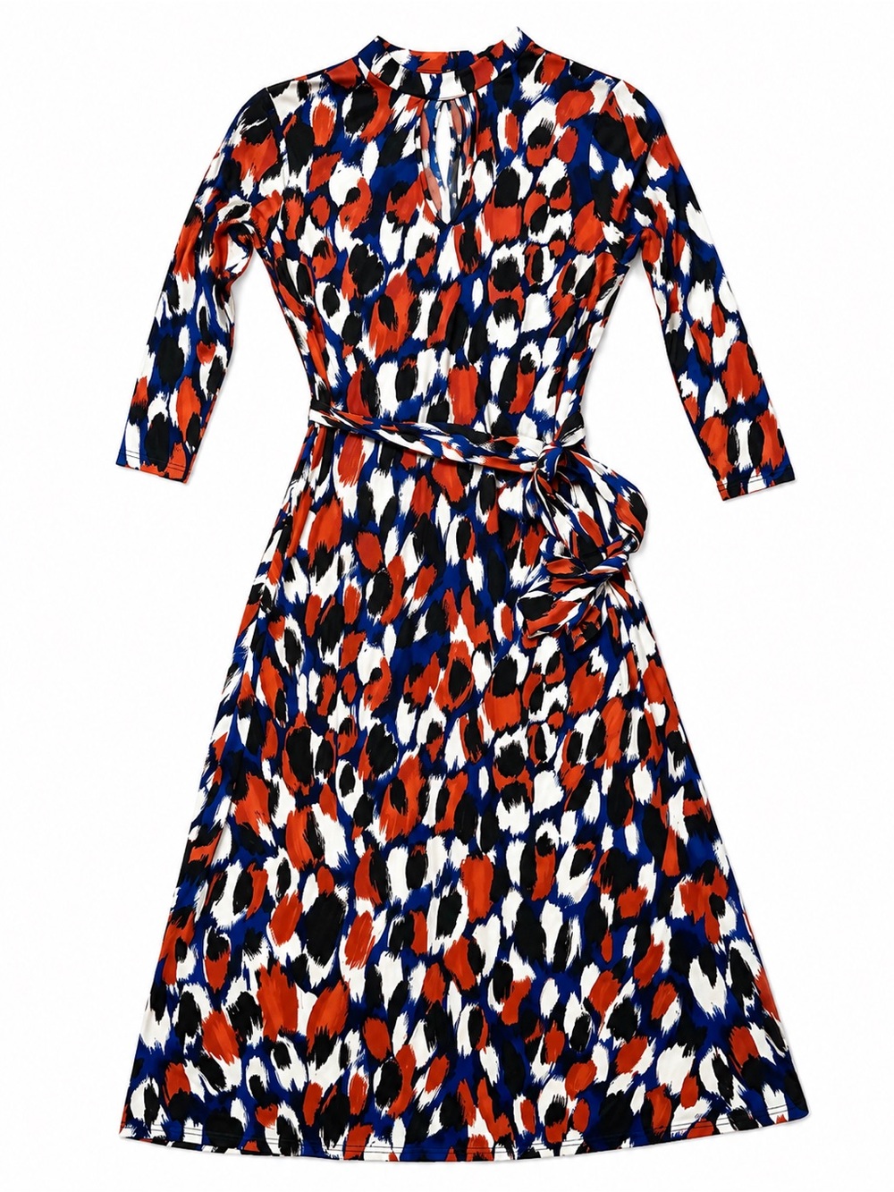 VENUS Abstract Print Belted Maxi Dress Long Sleeve Keyhole Size Large